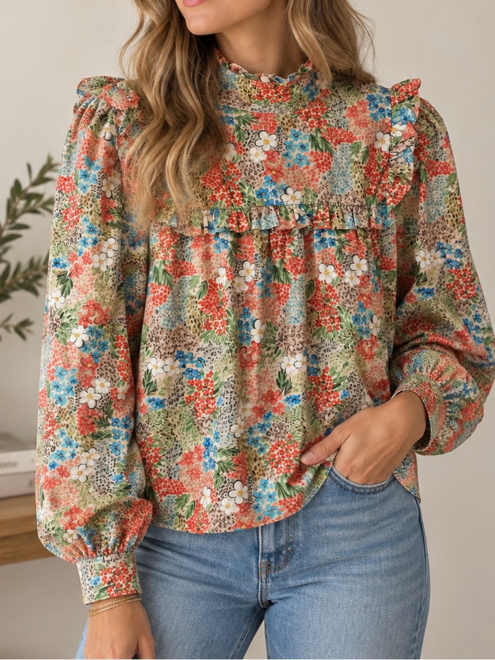 Meadows Floral Ruffle Blouse High Neck Long Sleeve Boho Cottagecore US 4